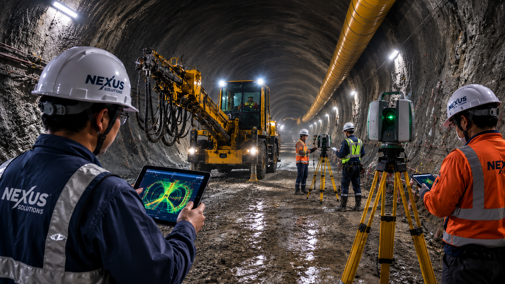 トンネル内のジャンボ・LiDAR・トータルステーションによる施工現場作業